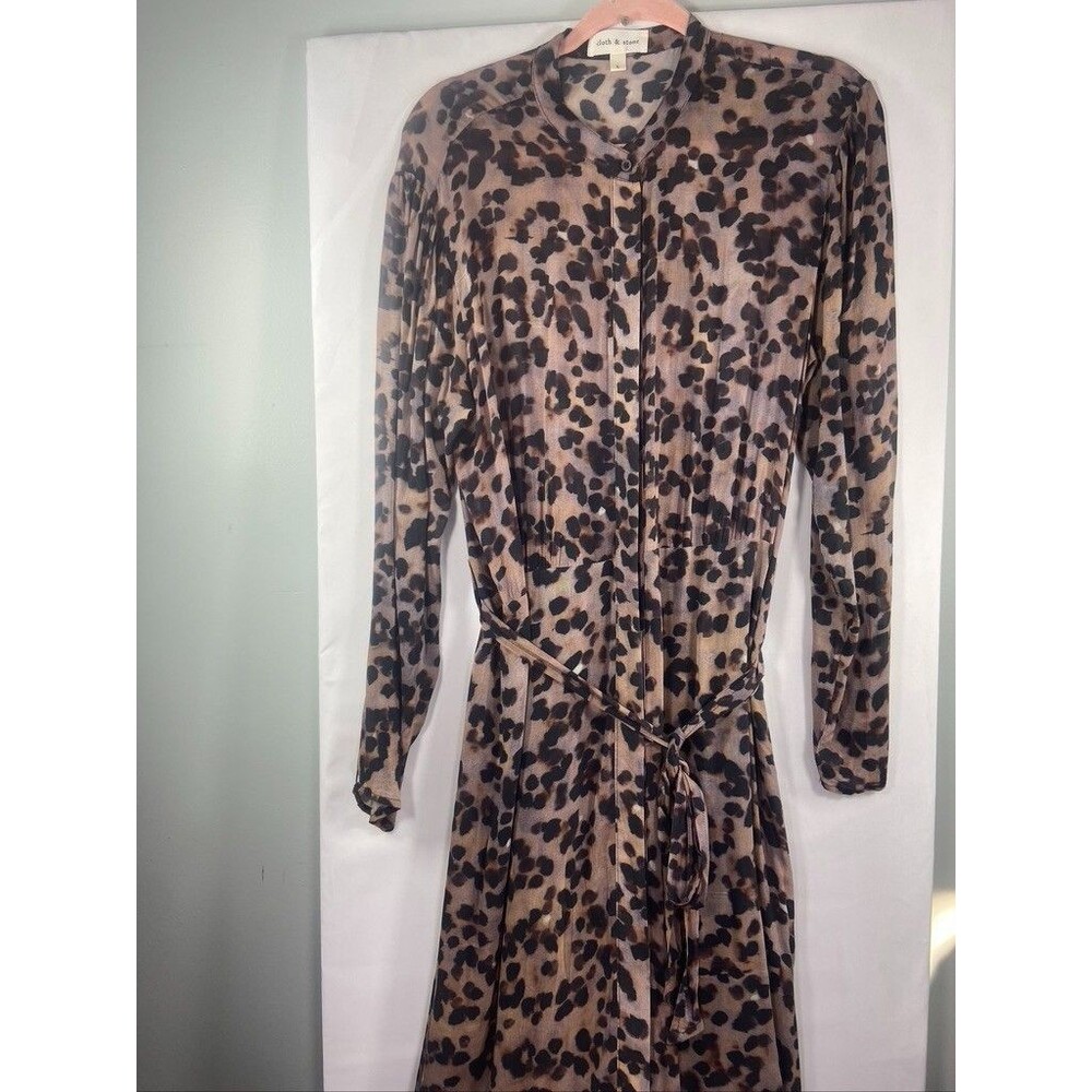 CLOTH & STONE WOMENS  LARGE ANIMAL PRINT SHEER LINED LONG SLEEVE MAXI BELT DRESS